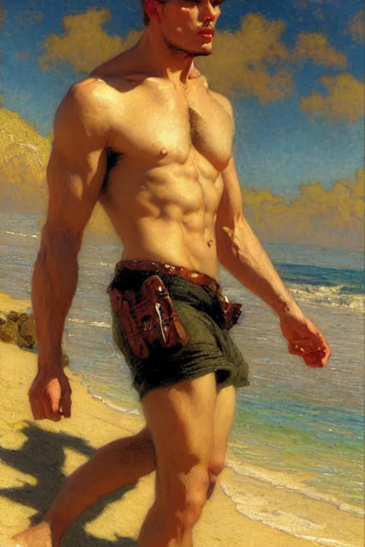 Prompt: beach, attractive male, character design, dynamic lighting, cool and bright tint, painting by gaston bussiere, craig mullins, j. c. leyendecker, tom of finland