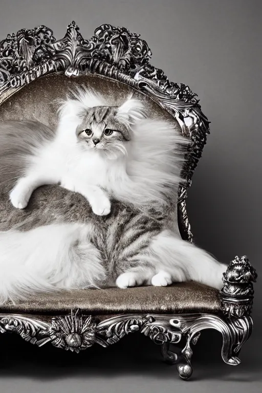 Image similar to a silver gelatin photo portrait of a royal cat, impossibly fluffy, on an embroidered velvet cushion on a neo - rococo gilded little bed, by david lachapelle, photorealistic, photography, wide shot