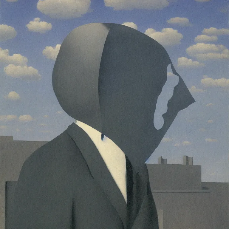 Image similar to portrait of a faceless shadow - head man in a suit, clouds in the background, by rene magritte, detailed painting, distance, centered, hd, hq, high resolution, high detail, 4 k, 8 k