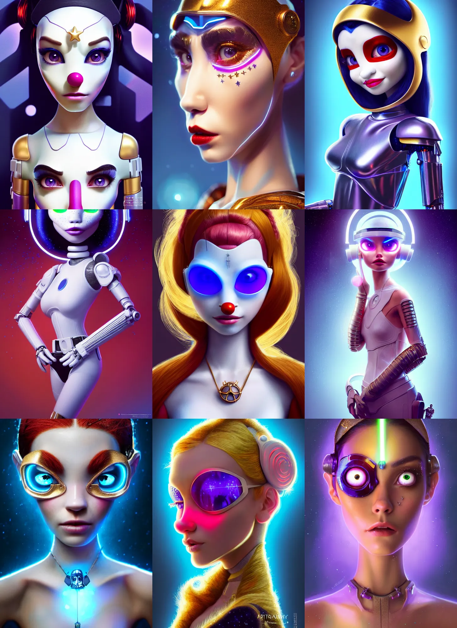 Prompt: pixar portrait 8 k photo, beautiful white avatar star wars clowncore madison beer cyborg woman, golden ratio jewelry candy, sci - fi, fantasy, cyberpunk, intricate, visor, elegant, highly detailed, digital painting, ever after high, octane render, artstation, concept art, smooth, sharp focus, illustration, art by artgerm, loish, wlop