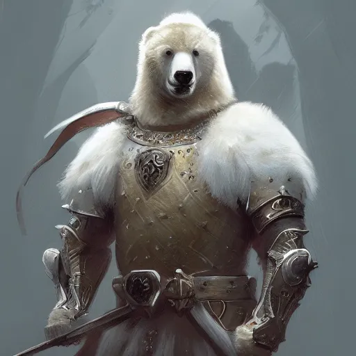 Image similar to a masterpiece digital painting of a white bear in medieval armor, roaring, fantasy, highly detailed, digital painting, trending on artstation, concept art, sharp focus, illustration in the style of wlop, greg rutkowski, artgerm and magali villeneuve