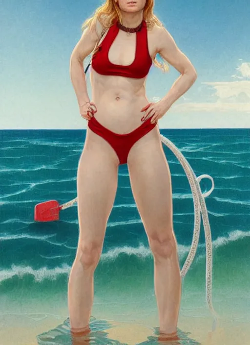 Image similar to portrait brie larson as sea lifeguard on the beach, full length shot, shining, 8k highly detailed, sharp focus, illustration, art by artgerm, mucha, bouguereau