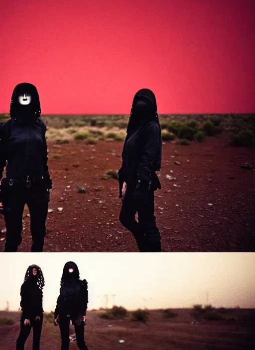 Prompt: cinestill 5 0 d photographic portrait of two loving clones, women wearing rugged black techwear on a desolate plain with a red sky, closeup, diverse species, cyberpunk, in front of a brutalist dark metal facility, dust storm, 3 5 mm, 8 k, f / 1 6, high resolution, ultra realistic faces, beautiful faces