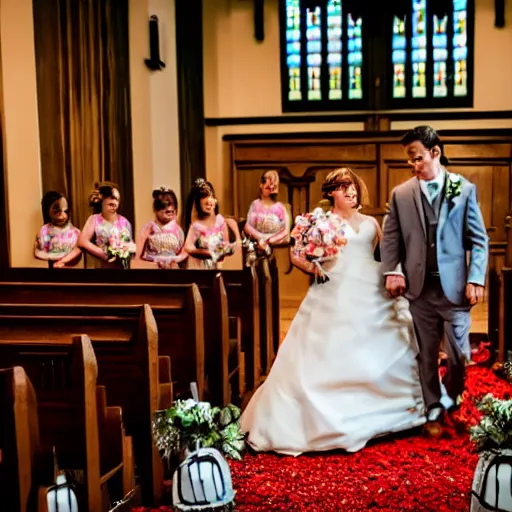 Image similar to a rhinoceros wearing a tiny suit in a wedding chapel, photo realistic, detailed, cinematic lighting, polaroid