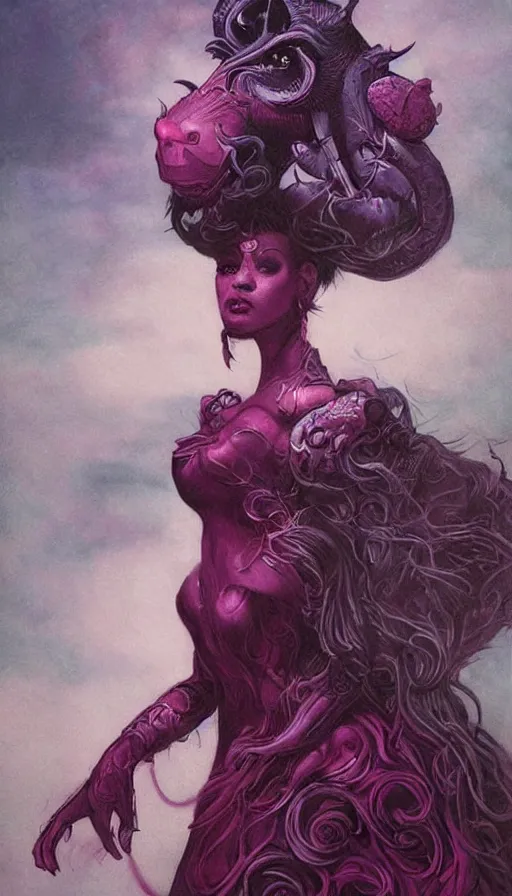 Image similar to portrait of princess of the dreamlands and moon beast, beautiful! coherent! by brom, deep colors, red maroon purple pink black, strong lines, rule of thirds