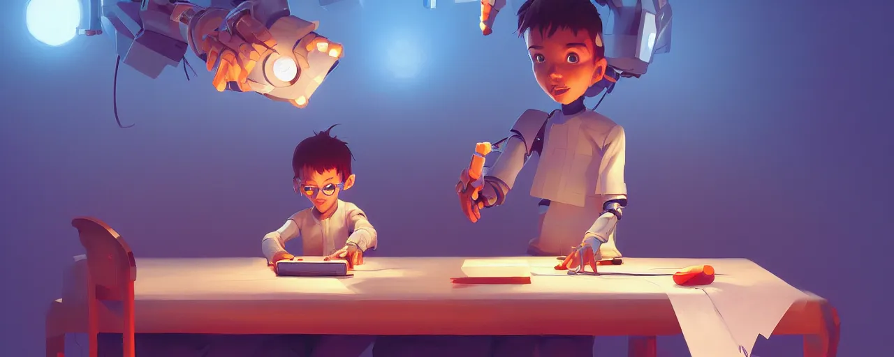 Image similar to excited young programmer, robot details on table, digital art, behance hd by jesper ejsing, by rhads, makoto shinkai and lois van baarle, ilya kuvshinov, global illumination.