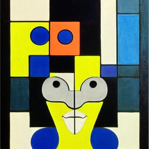 Image similar to “1950’s art deco ‘alien’, female, piet mondrian, midnight palette”