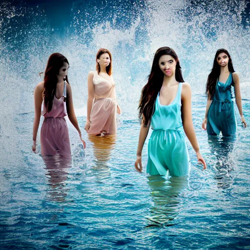 Prompt: women walk - in on water like photoshop cover, soft gradian color background, deep detailed photo, artistic view