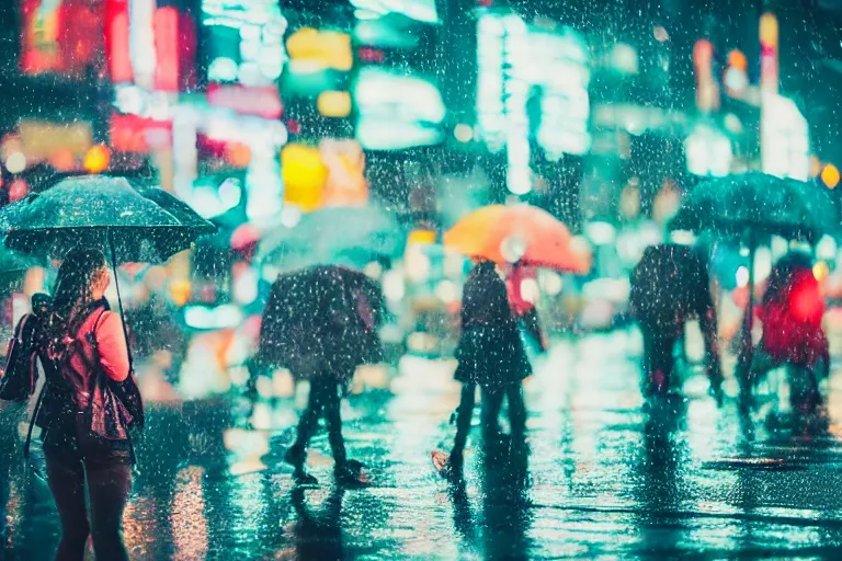 Prompt: canon, 300mm, bokeh, city at night, raining, reflections, people with umbrellas, neon lights