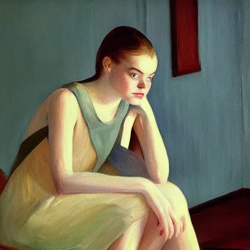 Image similar to painting of Elle Fanning in a flooded house interior, by Edward Hopper