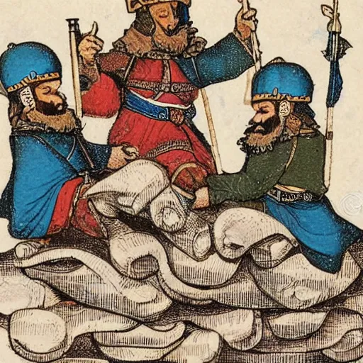 Prompt: propaganda image of 3 persian knights on top of a pile of ruble, illustration, beautiful