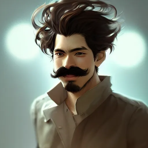 Prompt: Portrait of man with Tousled Curls type hair and Brown Indonesian-type skin, with round face and mustache, atmospheric lighting, intricate detail, cgsociety, ambient light, dynamic lighting, anime style by Yusuke Kozaki