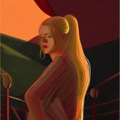 Prompt: Elle Fanning, head and shoulders masterpiece, apocalypse, golden hour, cosmic horror, artstation, in the style of Art Deco and Edward Hopper and Bosch, extremely detailed