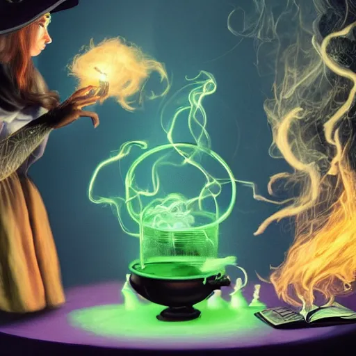 Image similar to teen witch mixing a spell in a cauldron, an owl is standing on the table, wispy smoke, witch hat, cinematic, green glowing smoke is coming out of the cauldron, ingredients on the table, unorganized apothecary shelves in the background