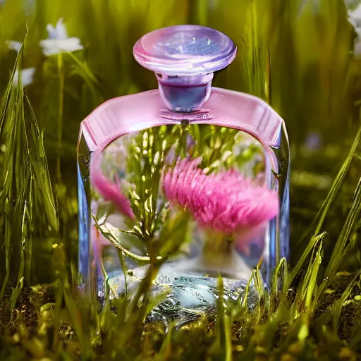 Prompt: perfume bottle in a artistic enchanted flower garden grass soft femme, softly - lit, highly detailed, realistic, up close shot, unreal engine, f 2 0