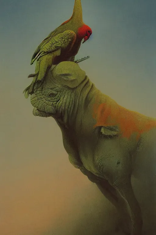 Image similar to painting of cross between parrot & rhino, intercrossed animal, by zdzislaw beksinski, by tiffany bozic, warm tone gradient background, concept art, beautiful composition, digital painting,