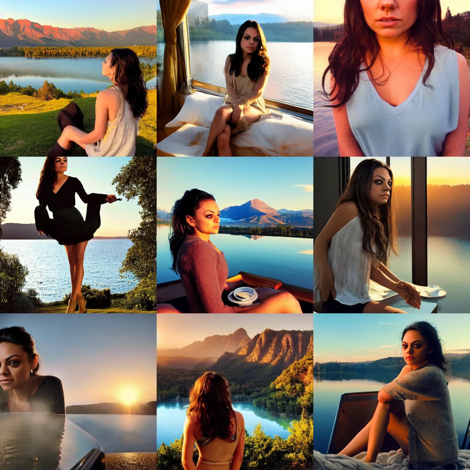 Prompt: dreamy mila kunis, golden hour, steaming coffee, mystical lake view vista