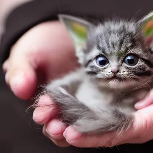 Image similar to a cute baby yoda-kitten hybrid in the palm of a person's hand and a real kitten in the other hand