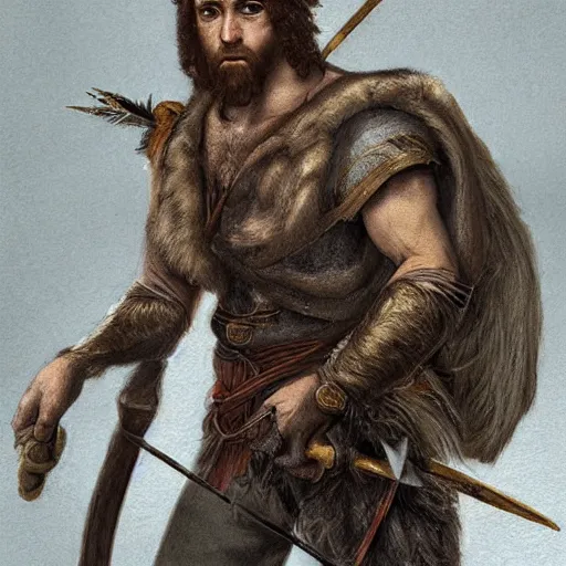 Prompt: renaissance full body portrait of a gruff ranger with a spear, lean and toned, handsome face, hairy chest and hairy body, D&D, intricate, elegant, highly detailed, digital painting, artstation, concept art, matte, sharp focus, chiaroscuro, well list, sharp detail, illustration, art by Da Vinci, Artgerm and Greg Rutkowski and Alphonse Mucha