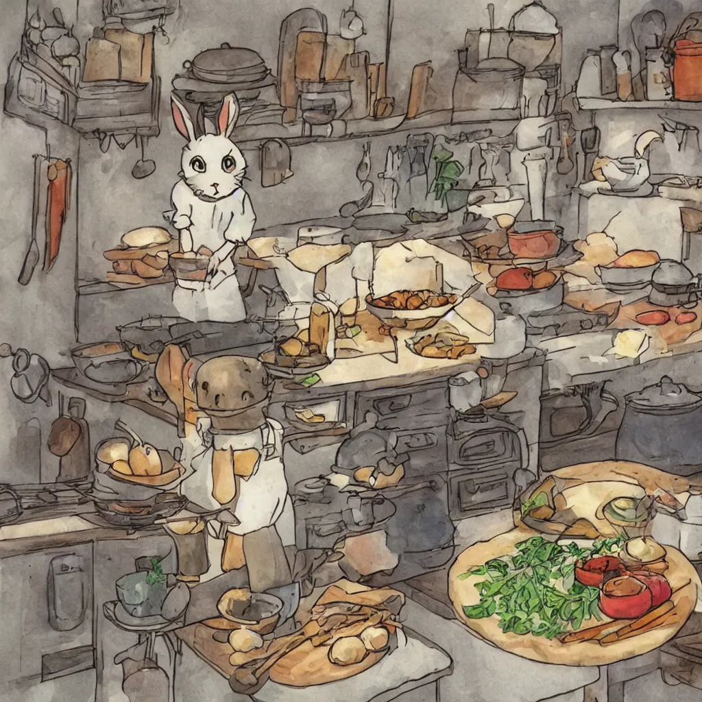 Image similar to a rabbit cooking in a french cozy kitchen in the style of studio ghibli