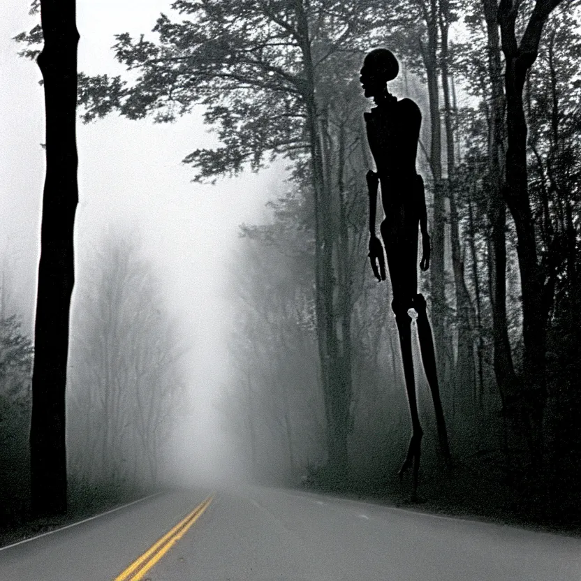 Image similar to 2 0 0 1 camcorder footage of a skinless figure standing silently on the side of a misty road