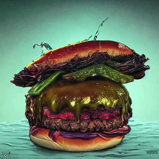 Image similar to photorealistic demonic cheeseburger in the style of michael whelan and gustave dore. hyperdetailed photorealism, 1 0 8 megapixels, amazing depth, glowing rich colors, powerful imagery, psychedelic overtones, 3 d finalrender, 3 d shading, cinematic lighting, artstation concept art