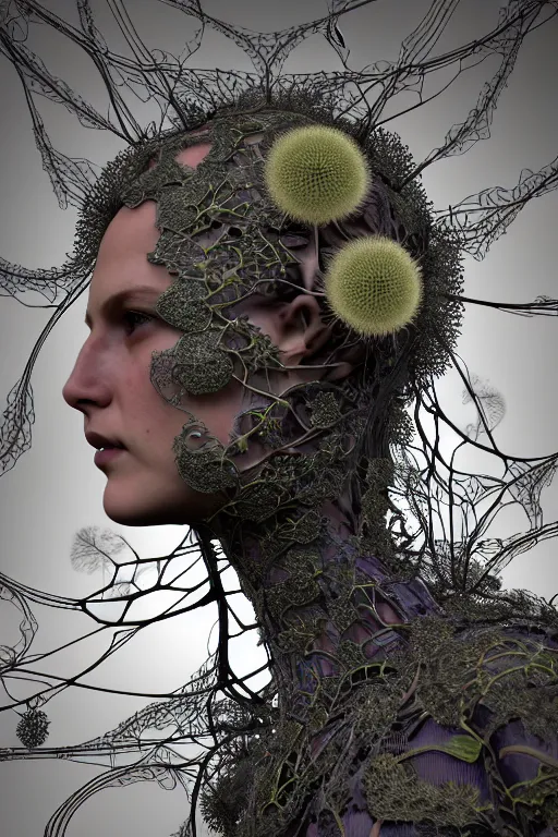 Prompt: intricate hyper detailed ultra sharp 3 d render of a witch profile close - up!!! portrait, art nouveau, alexander mcqueen, transparent fractal dandelion green ivy roots, moon in the background, intricate details, anatomical, flesh ornate, facial muscles, cable wires, elegant, hyper realistic, ultra detailed, octane render, volumetric cinematic lighting, 8 k post - production