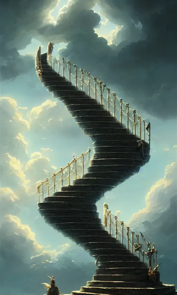 Prompt: straight staircase to heaven, sky full of clouds, art by greg rutkowski and peter mohrbacher, featured in artstation, octane render, cinematic, elegant, intricate, ultra detailed, rule of thirds, professional lighting, unreal engine, fantasy, concept art, sharp focus, illustration, 8 k