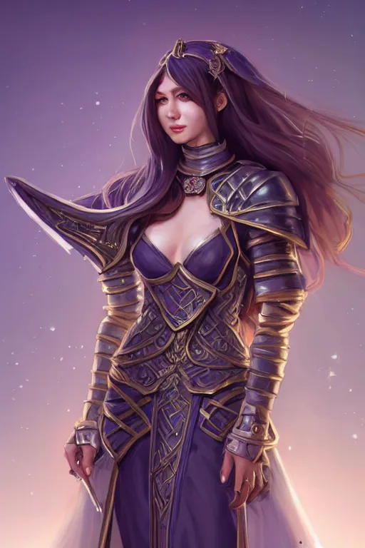 Image similar to a full body portrait of a gorgeous female paladin, D&D, choker on neck, stylish dress, very long flowing hair, intricate, elegant, stylish, cute slightly nerdy smile, mouth slightly open, fantasy, extremely detailed, digital painting, artstation, concept art, smooth, sharp focus, illustration, stunning lighting, art by artgerm and greg rutkowski and alphonse mucha and simon stalenhag