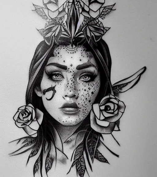 Image similar to tattoo design on white background of a beautiful girl warrior, roses, hyper realistic, realism tattoo, by eliot kohek, beautiful eyes, realistic face