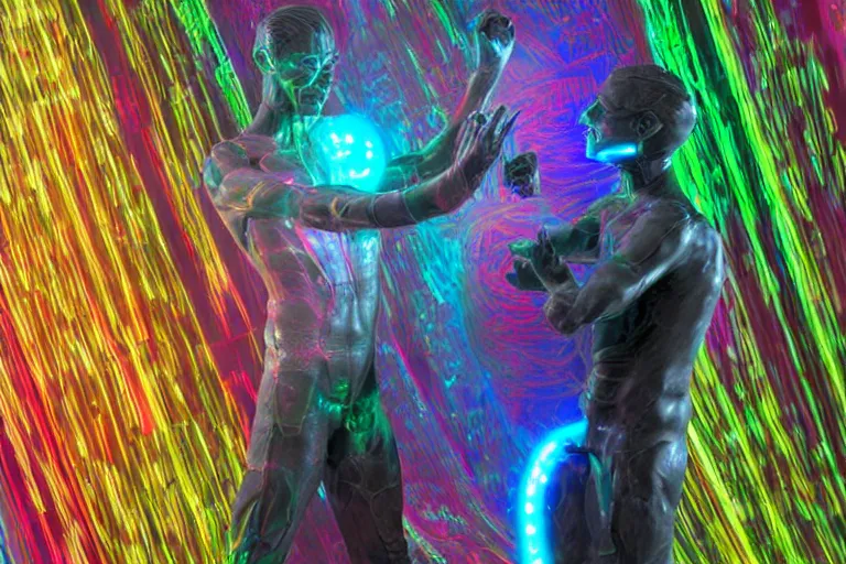 Image similar to full body, alan turing wrestling with agent smith, sculpture by auguste rodin, multicolored glowing tubes, glowing digital eyes, 8 k, front shot, symetrical, flourescent colors, halluzinogenic, multicolored, insanely detailed, 3 d render, octane