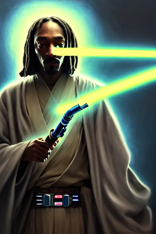 Prompt: breathtaking detailed concept art painting of a jedi snoop dogg holding a lightsaber, by hsiao - ron cheng, exquisite detail, extremely moody lighting, 8 k