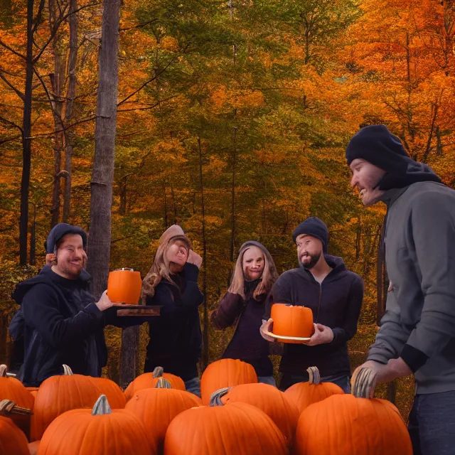 Image similar to pumpkin headed people ordering pumpkin coffee at a maple coffee stand, maple trees with fall foliage, on a mountain in new hampshire, volumetric, realistic, cinematic lighting, ray tracing, unreal engine 5, octane render, hyper realistic, photo, 8 k