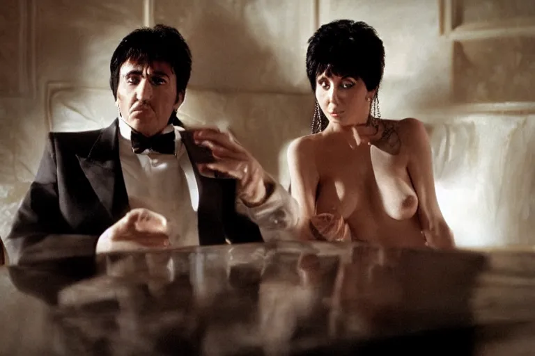 Image similar to morning light, highly detailed portrait of tony montana with elvira in his luxurious houseis atmospheric lighting, masterpiece, award winning by Emmanuel Lubezki