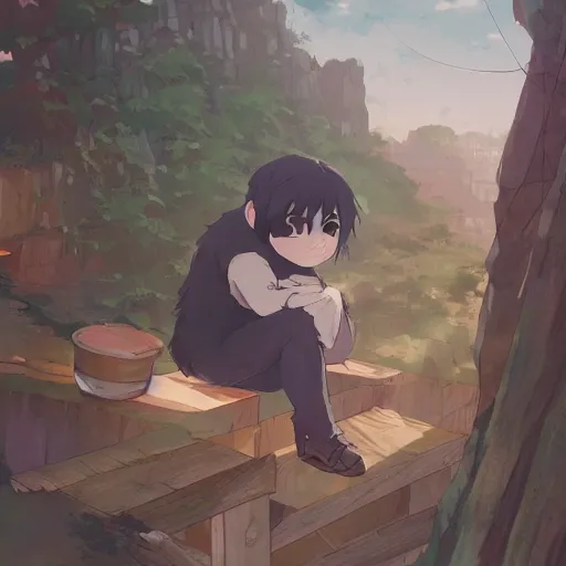 Image similar to ape wearing a flannel shirt, building in carpenter workshop, landscape illustration concept art anime key visual trending pixiv fanbox by wlop and greg rutkowski and makoto shinkai and studio ghibli and kyoto animation