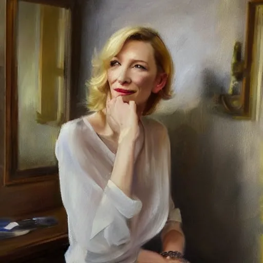 Image similar to cate blanchett in low-cut blouse in front of a mirror, painting by Vladimir Volegov