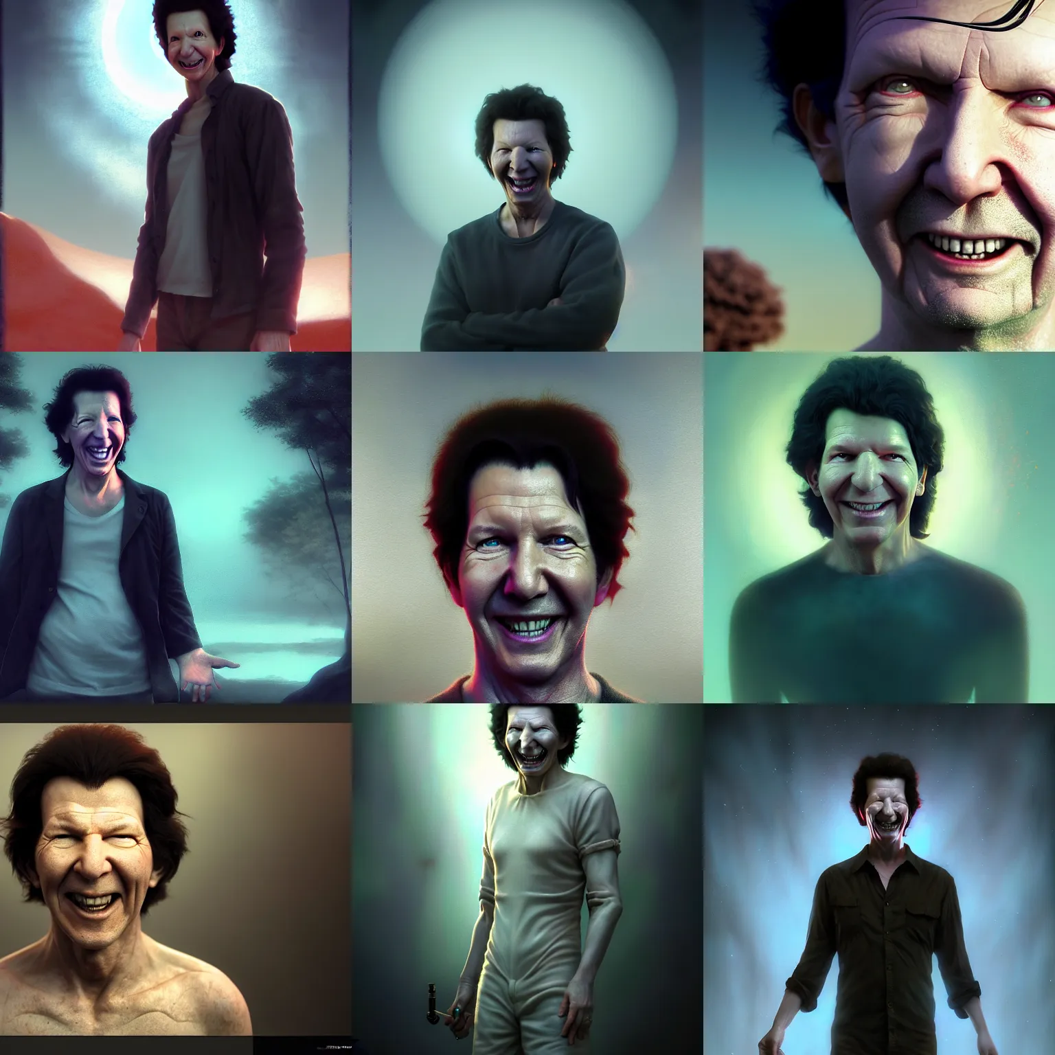 Prompt: neil breen, creepy, smiling, low light, surreal, phantasmagoric, by tom bagshaw and ilya kuvshinov, rtx rendering, octane render 1 2 8 k, maya, extreme high intricate details by wlop, digital anime art by ross tran, medium shot, composition by sana takeda, dramatic lighting by greg rutkowski