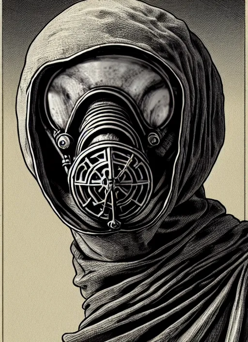 Prompt: fineart illustration of the old necromancer, wearing a wizard cloak, gas mask, by peter morchbacher, hyper detailed, intricate, complex, 8 k, crisp,