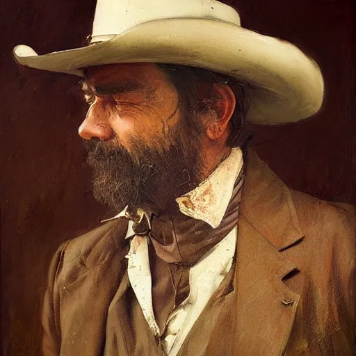 Image similar to Solomon Joseph Solomon and Richard Schmid and Jeremy Lipking victorian genre painting portrait painting of Royal Dano a rugged cowboy gunfighter old west character in fantasy costume, rust background