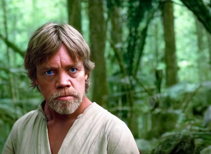 Prompt: screenshot portrait of luke skywalker at the new jedi temple in the jungle. played by actor Mark Hammill, Photographed with Leica Summilux-M 24 mm lens, ISO 100, f/8, Portra 400