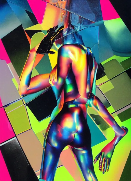 Image similar to futuristic lasers tracing, colorsmoke, fullbodysuit, zima blue warrior, raindrops, wet, oiled, beautiful cyborg, by steven meisel, kaws, rolf armstrong, cubist perfect geometry abstract acrylic, octane hyperrealism photorealistic airbrush collage painting, monochrome, neon fluorescent colors, minimalist rule of thirds, eighties eros