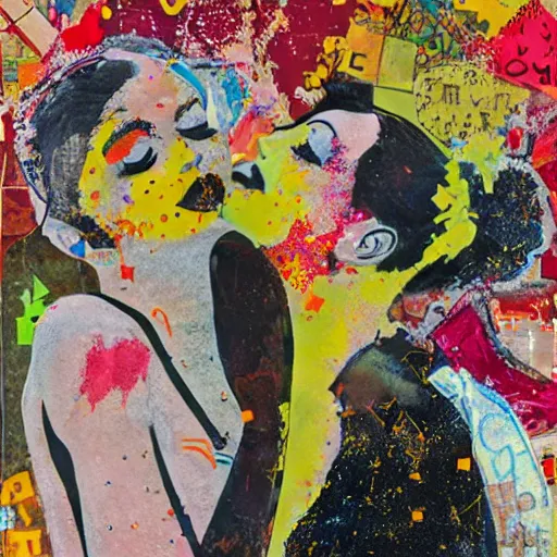 Image similar to two dream women kissing at a carnival made of love, mixed media collage, retro, paper collage, magazine collage, acrylic paint splatters, bauhaus, abstract claymation, layered paper art, sapphic visual poetry expressing the utmost of desires by jackson pollock