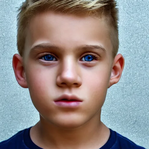 Image similar to a closeup portrait of a boy with blonde hair and brown eyes. Extremely clear and high quality eyes with reflection, realistic face and details, clear lips and high quality, real photo