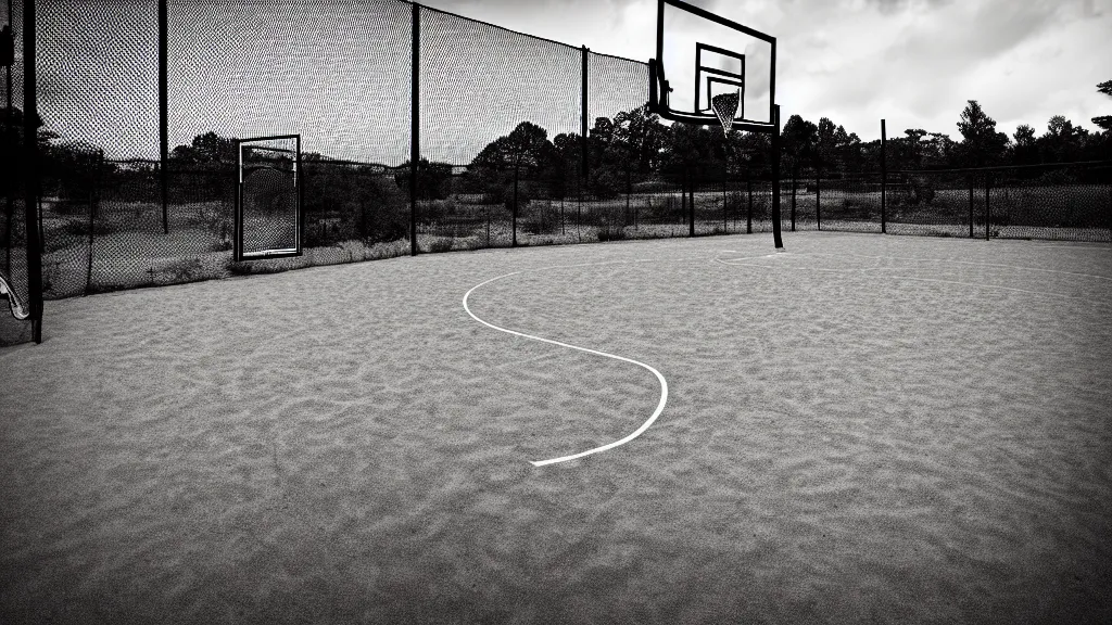 Image similar to photograph of an isolated basketball backboard and rim on a dirt court in a scenic location, in the styles of cameron look, andrew bernstein, and ansel adams. intricate, hyperrealistic, monochrome hdr, accurate court