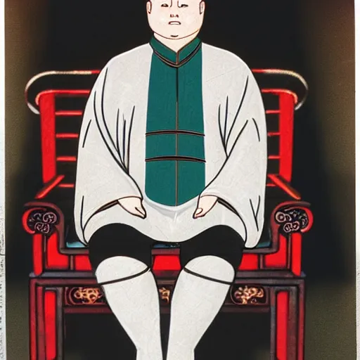 Prompt: Real life Bobby Hill sits on his throne as emperor of Hill Dynasty China, 35mm film