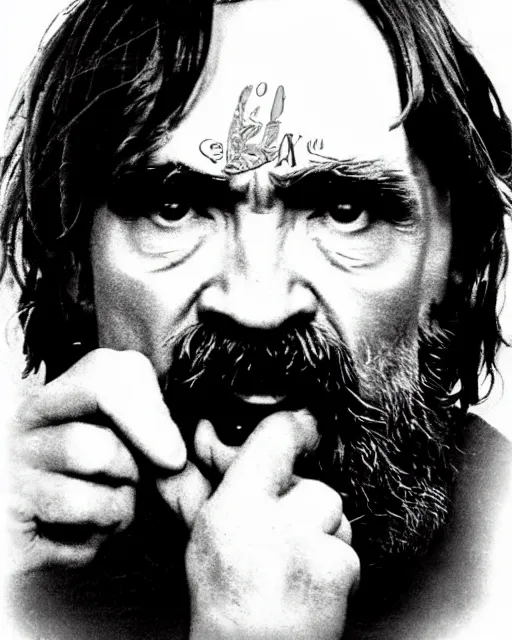 Prompt: a got milk poster featuring charles manson