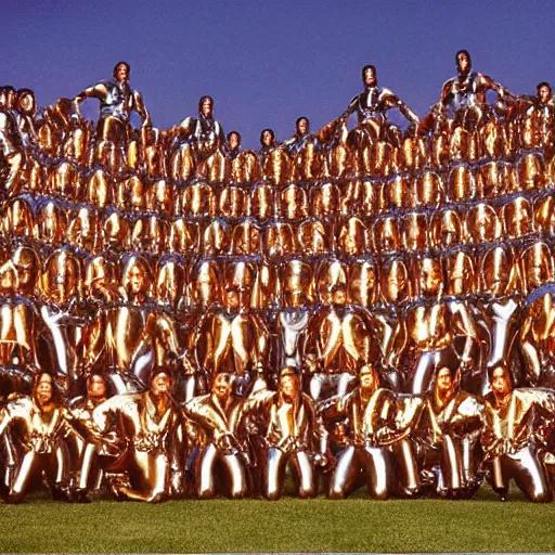 Prompt: 1990's sears portrait photo, a giant massive group of extremely muscular ripped men wearing full-body shiny reflective silver latex pants shirts and masks, forming a massive gigantic huge tall human pyramid in the center of a colorful rocky western landscape, goldenhour, ultra-detailed, photorealistic