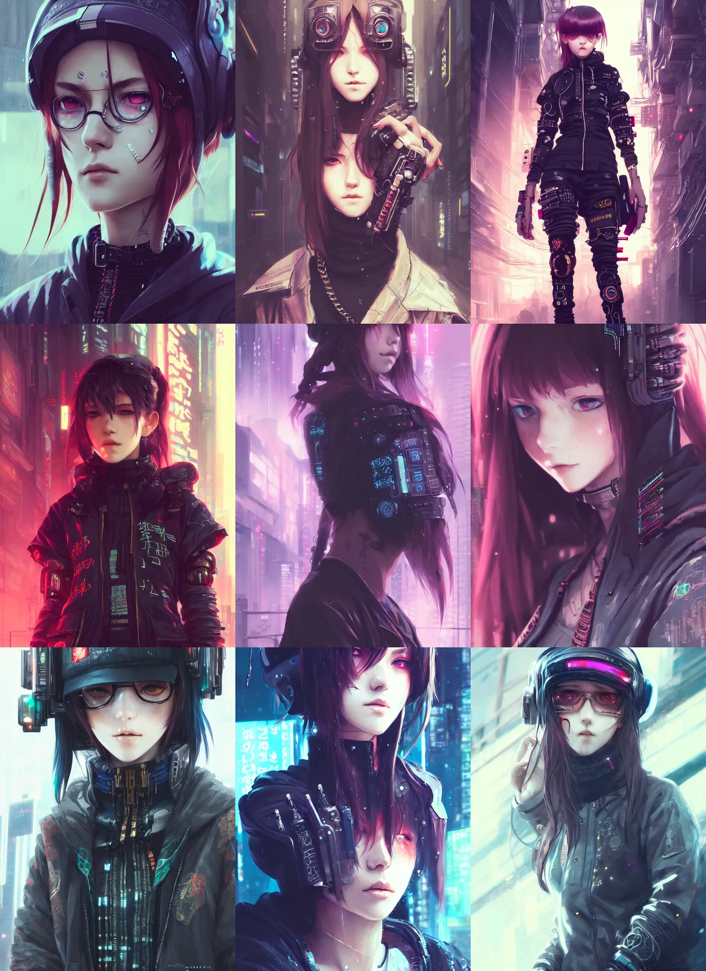 Prompt: very cool girl wearing cyberpunk intricate streetwear, beautiful, detailed portrait, intricate complexity, by krenz cushart, kyoto animation, wlop, artgerm. 4 k, beautiful, cinematic dramatic atmosphere, sharp focus
