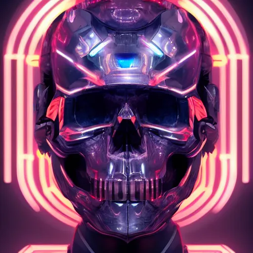 Image similar to full front face centered hyperdetailed portrait of a mecha skull ronin, 8k, digital painting, futuristic, black neon lights, trending on CG society