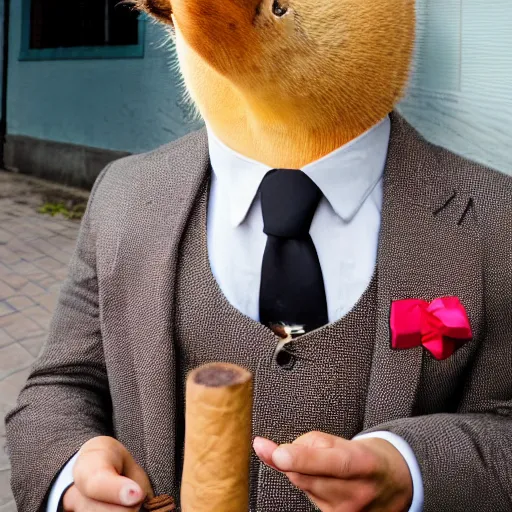 Image similar to smoking cigar, a man wearing a suit capybara head (smoking cigar)